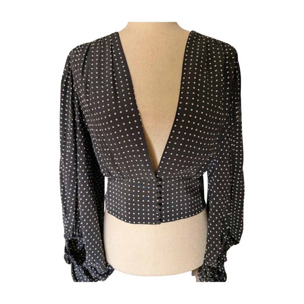 Equipment Femme Black White Polka Dot Silk Long Sleeve Plunging VNeck Crop Top M - Picture 4 of 10